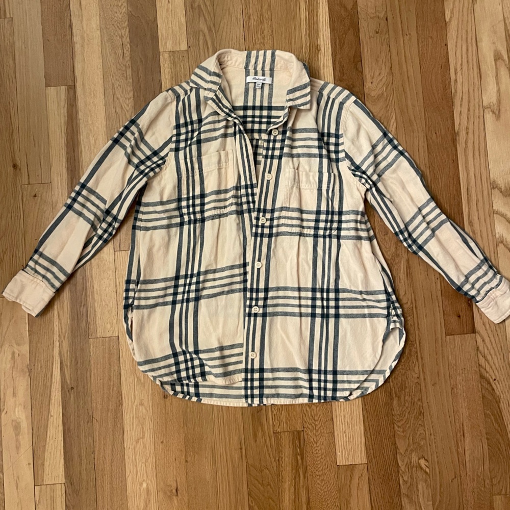 Madewell Cream and green plaid button up shirt